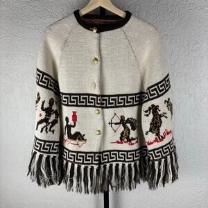 Sturbridge 1970s Greek Key Zodiac Fringe Acrylic Small Cardigan Sweater